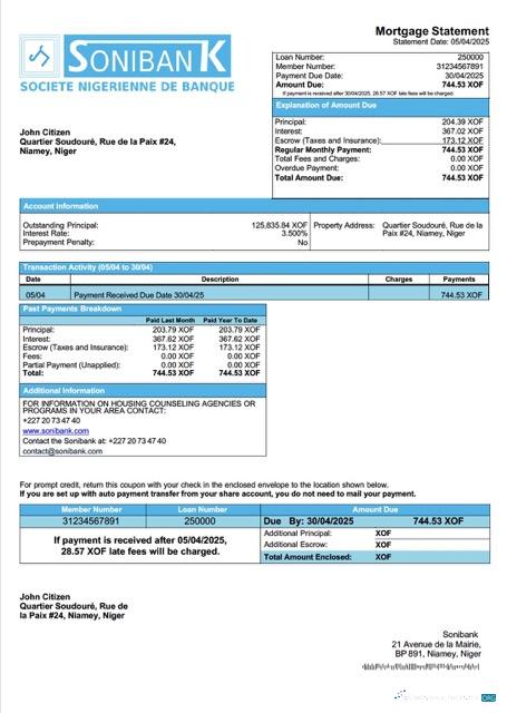 Download Niger Sonibank mortgage statement Word and PDF template Photoshop template